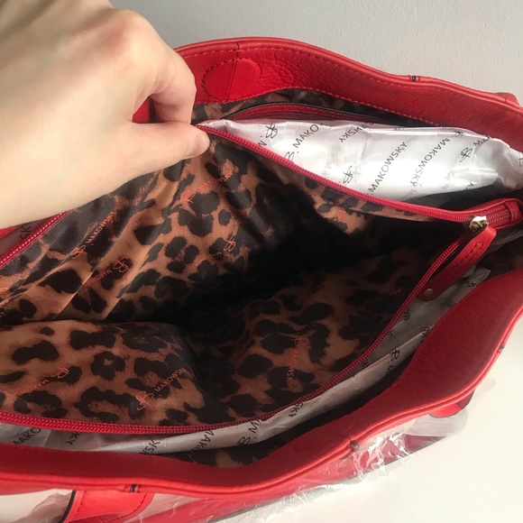 B.Makowsky Lipstick Red Golden Hardware Soft Genuine Leather Large Tote Bag - Picture 12 of 16